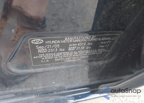 2006 Hyundai Sonata Gls V6/Lx V6 z USA, uszkodzony, nr VIN 5NPEU46F16H039849